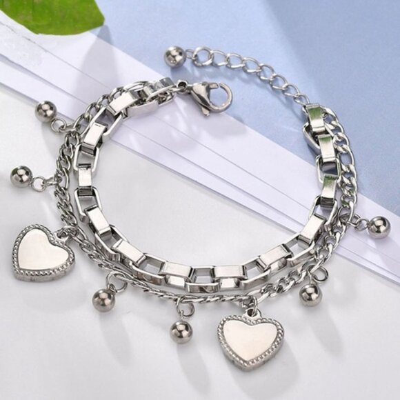 Silver Plated Stainless Steel Heart Charm Bracelet - Picture 1 of 2